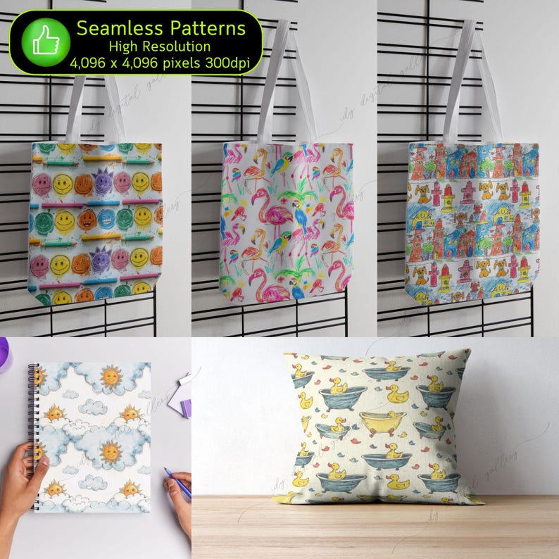 May include: Four different tote bags with various colorful patterns. The patterns include smiley faces with crayons, flamingos, fire hydrants, and suns with clouds. The bags are hanging on a metal grid.