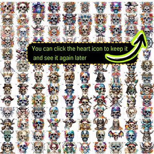 May include: A digital collage of 64 colorful skull illustrations. Each skull is unique with different designs, colors, and patterns. The skulls are arranged in a grid pattern.