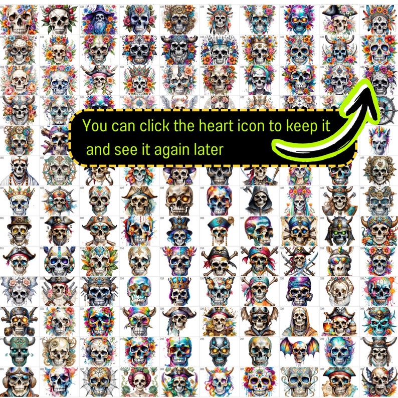 May include: A digital collage of 64 colorful skull illustrations. Each skull is unique with different designs, colors, and patterns. The skulls are arranged in a grid pattern.