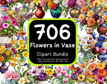 Puede incluir: Un paquete de clipart digital de 706 imágenes de flores en jarrones. Las imágenes son de alta resolución y tienen fondos transparentes. Las flores son de varios colores y estilos, incluyendo rosas, lirios, margaritas y tulipanes.