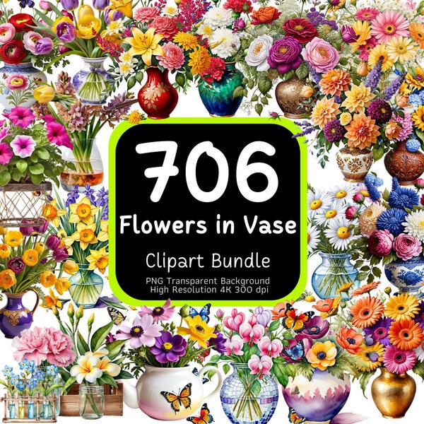 706 Flowers in Vase Clipart Bundle, Watercolor Flowers, Watercolor Floral, Colorful Flowers, Flower Vase, Watercolor Flowers PNG, 4K 300DPI