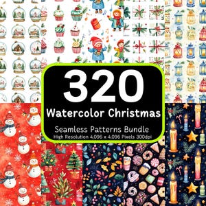 Puede incluir: Un conjunto de 320 patrones navideños sin costuras en acuarela. Los patrones presentan una variedad de diseños festivos, que incluyen muñecos de nieve, bastones de caramelo, regalos y luces navideñas. Los patrones son de alta resolución, midiendo 4.096 x 4.096 píxeles a 300 ppp.