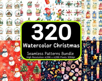 320 Watercolor Christmas Seamless Patterns Bundle, Cute Christmas Seamless, Christmas Digital Paper, Festive Seamless,Seamless Bundle,300dpi