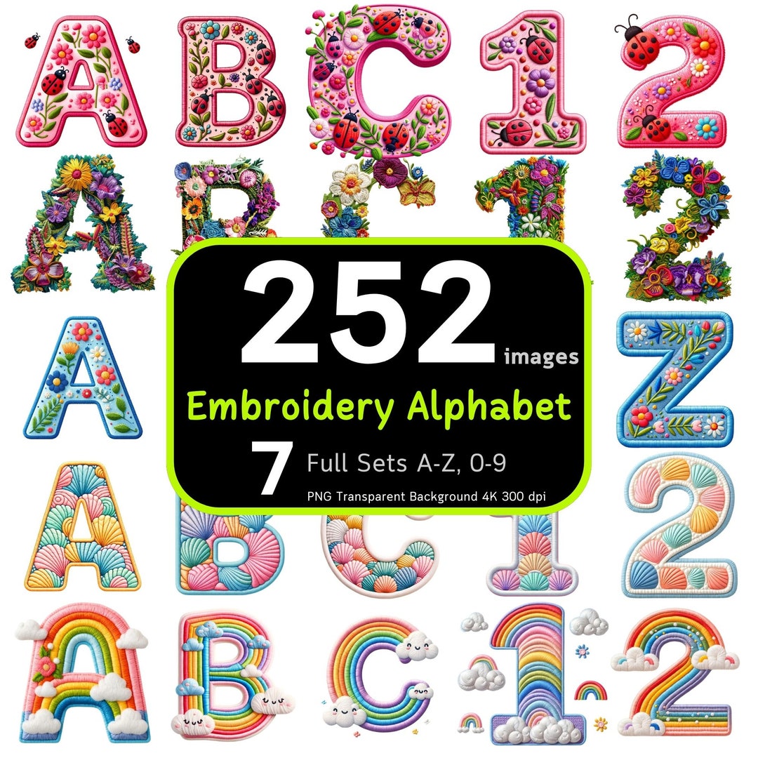 252 Embroidery Alphabet Bundle, Cute Embroidery Fonts, Embroidery ...