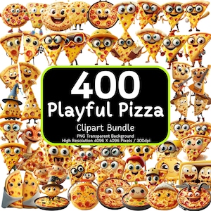 Lot de 400 cliparts pizza ludique, pizza Clipart PNG, nourriture mignonne PNG, lot de cliparts lunatique, téléchargement numérique, usage commercial, 300 dpi