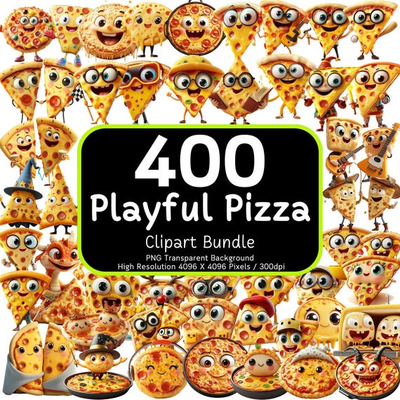 400 Playful Pizza Clipart Bundle, Pizza Clipart PNG, Cute Food PNG, Whimsical Clipart Bundle, Digital Download, Commercial Use, 300dpi