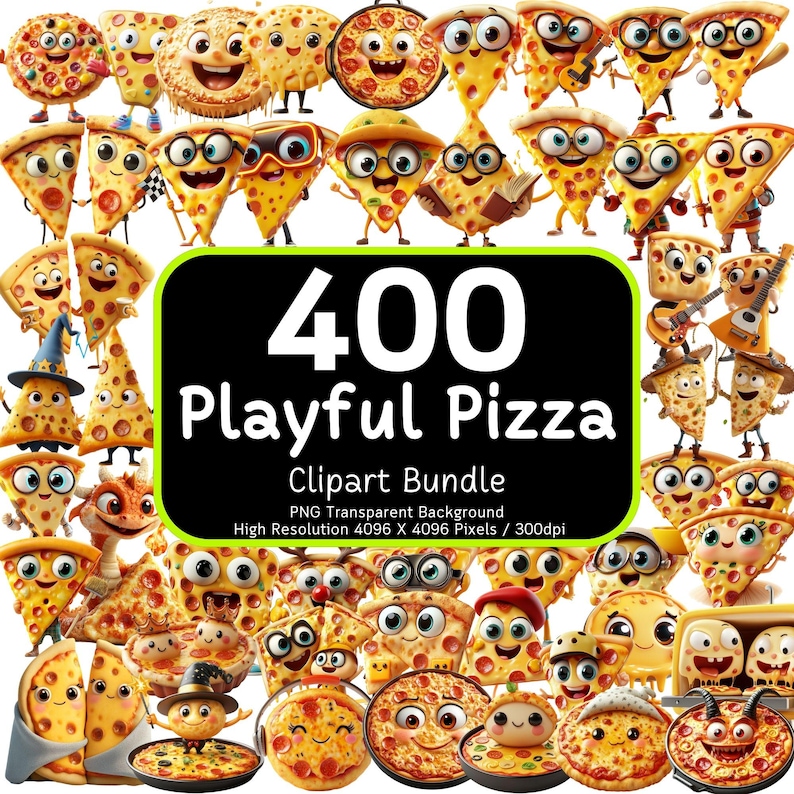 Op de afbeelding: Een digitale clipartbundel met 400 speelse pizza-illustraties. De pizza's hebben cartoongezichten en staan in verschillende poses. De tekst "400 Playful Pizza Clipart Bundle" staat in een zwarte doos met witte tekst. De tekst "PNG Transparent Background High Resolution 4096 X 4096 Pixels / 300dpi" staat onder de zwarte doos.