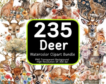 235 Pacote de clipart de cervo, cervo em aquarela, clipart de fulvo, PNG de cervo, clipart de cervo floral, clipart de floresta, pacote de clipart, 4K de alta resolução