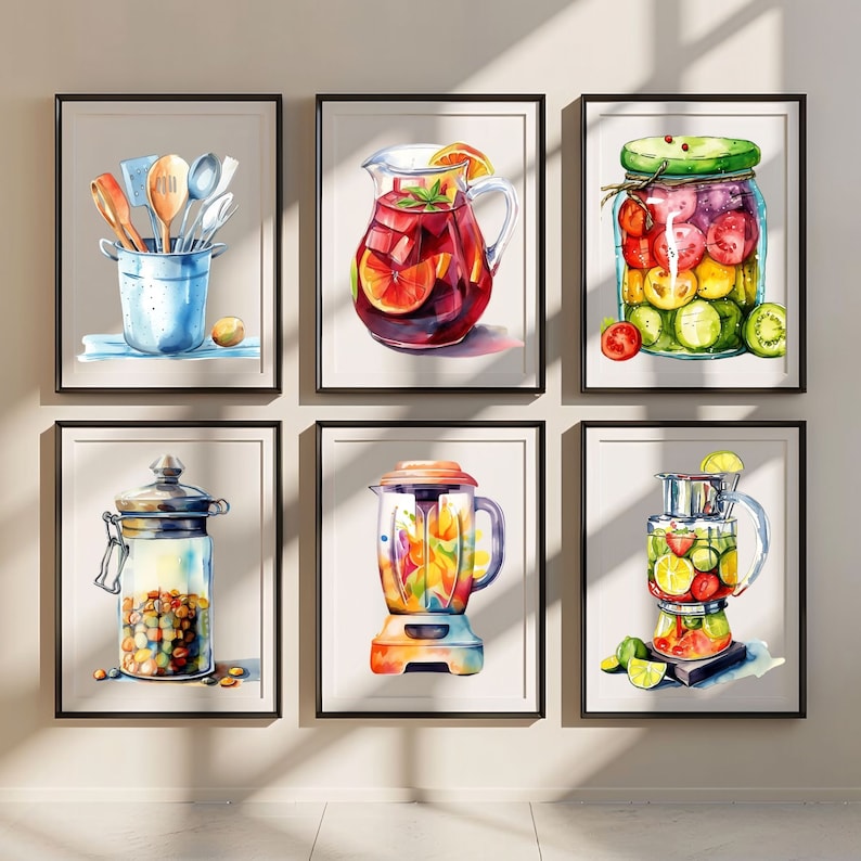 May include: Six framed watercolor paintings of kitchen items. The paintings include a pitcher of red sangria, a jar of pickled vegetables, a blender, a jar of spices, and a set of kitchen utensils.