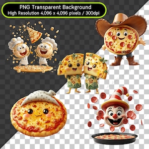 Op de afbeelding: Vijf cartoonpizza's met lachende gezichten. E&eacute;n pizza draagt ​​een cowboyhoed, een andere draagt ​​een koksmuts, een andere draagt ​​een slaapmuts, een andere draagt ​​een clownsmuts en de laatste twee houden elkaar vast.