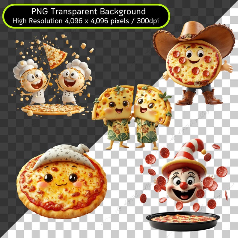 Op de afbeelding: Vijf cartoonpizza's met lachende gezichten. E&eacute;n pizza draagt ​​een cowboyhoed, een andere draagt ​​een koksmuts, een andere draagt ​​een slaapmuts, een andere draagt ​​een clownsmuts en de laatste twee houden elkaar vast.