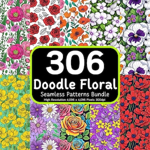 306 Doodle Floral Seamless Patterns Bundle, Carta digitale Doodle Flower, Fiori colorati, Motivi floreali carini, Uso commerciale, 300 dpi