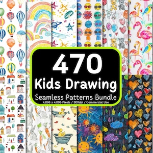 Lot de 470 dessins de motifs sans couture pour enfants, oeuvre d'art enfantine mignonne, gribouillage ludique, conception colorée pour enfants, scrapbooking imprimable, usage commercial