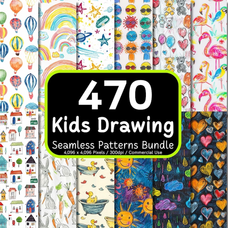 May include: A digital download of 470 kids drawing seamless patterns. The patterns are colorful and feature a variety of themes, including animals, food, and nature. The patterns are 4,096 x 4,096 pixels and 300 dpi. They are for commercial use.
