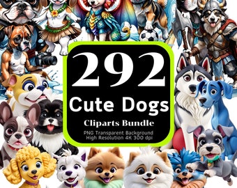 292 Cute Dog Clipart Bundle, Funny Dogs, Watercolor Dogs, Dog Clipart, Animal Clipart, Cliparts PNG, 4K High-Resolution, Commercial Use