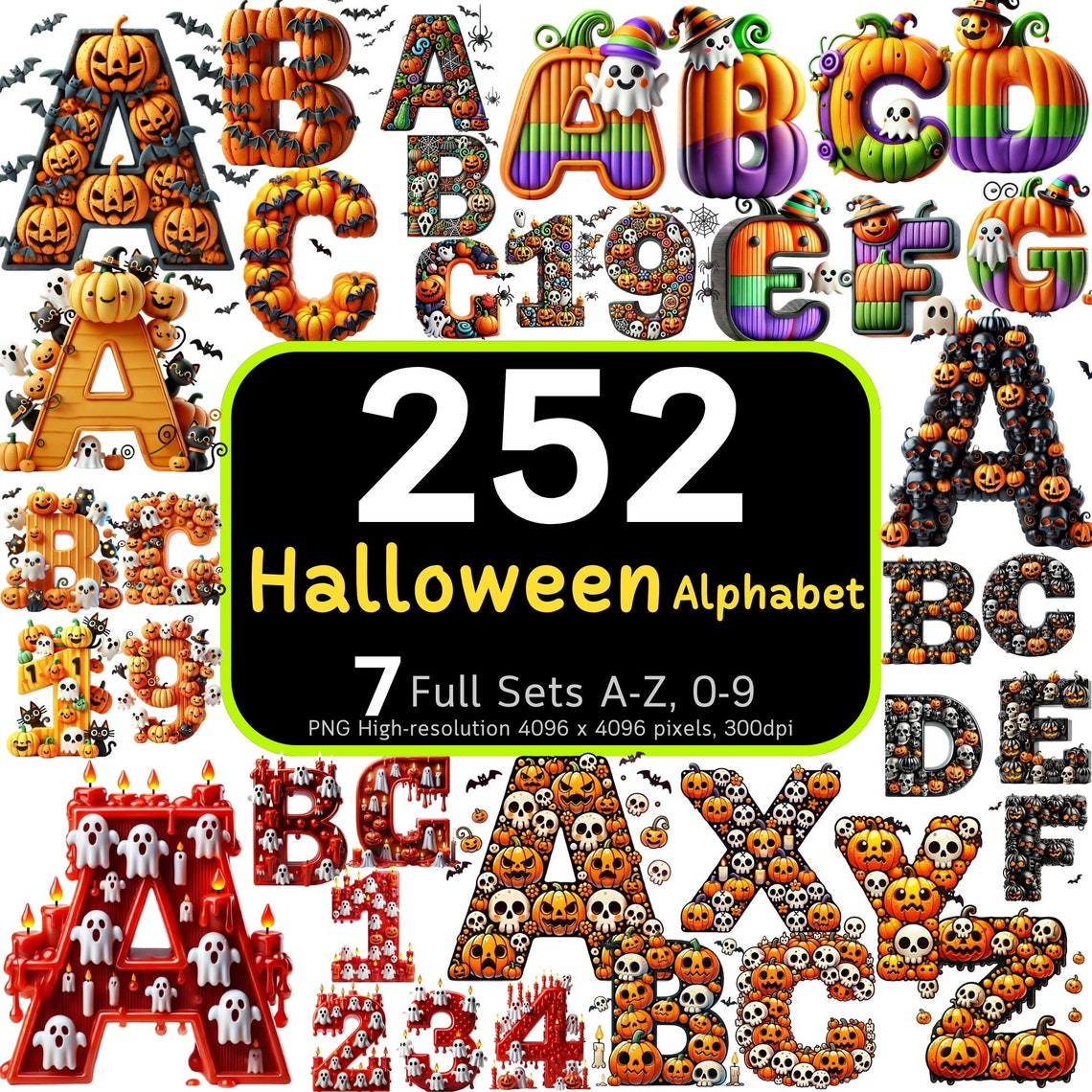 252 Cute Halloween Alphabet & Numbers Bundle, Halloween Letters PNG ...