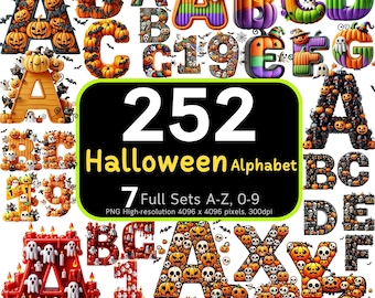 252 Cute Halloween Alphabet & Numbers Bundle, Halloween Letters PNG, Halloween PNG Designs, Cute Letters, Halloween PNG Designs for Kids