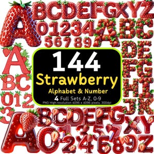 144 Pacote de alfabeto e números de morango, letras fofas de A a Z, alfabeto de frutas, clipart de morango, alfabeto PNG, letras de sublimação, 300 DPI