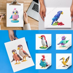 May include: A set of six digital illustrations of cartoon birds. The birds are in various poses and have different colors and patterns. The illustrations are perfect for use in digital projects, such as websites, social media, and presentations.