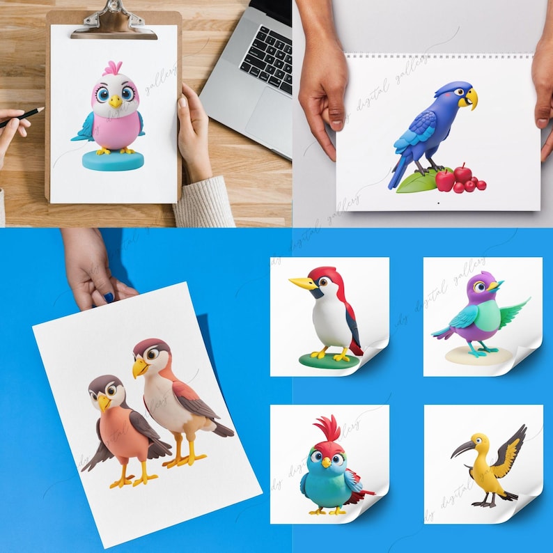 May include: A set of six digital illustrations of cartoon birds. The birds are in various poses and have different colors and patterns. The illustrations are perfect for use in digital projects, such as websites, social media, and presentations.