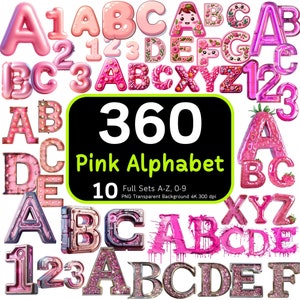 Pacote de alfabeto rosa 360, letras fofas, alfabeto pastel, clipart fofo, PNG do alfabeto, números do alfabeto, pacote de clipart, 4k, alta resolução