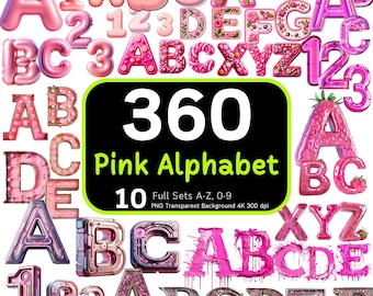 360 Pink Alphabet Bundle, Cute Letters, Pastel Alphabet, Cute Clipart, Alphabet PNG, Alphabet Numbers, Clipart Bundle, 4k, High Resolution
