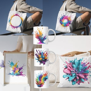 May include: A set of colorful paint splatter designs on various products, including tote bags, mugs, and a pillow. The designs feature vibrant colors like blue, pink, yellow, and purple, creating a dynamic and artistic look.