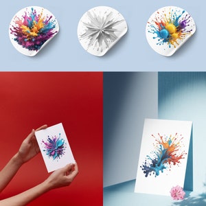 May include: Three different designs of paint splatters on white circles. The first design is a colorful splatter of blue, yellow, pink, and purple paint. The second design is a white splatter of paint. The third design is a splatter of blue, yellow, and orange paint.