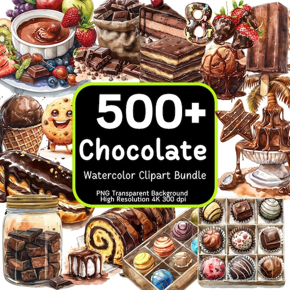 500+ Chocolate Watercolor Clipart Bundle, Chocolate PNG, Sweets PNG, Sweet Treats, Clipart Bundle, 4K High-Resolution, Commercial Use