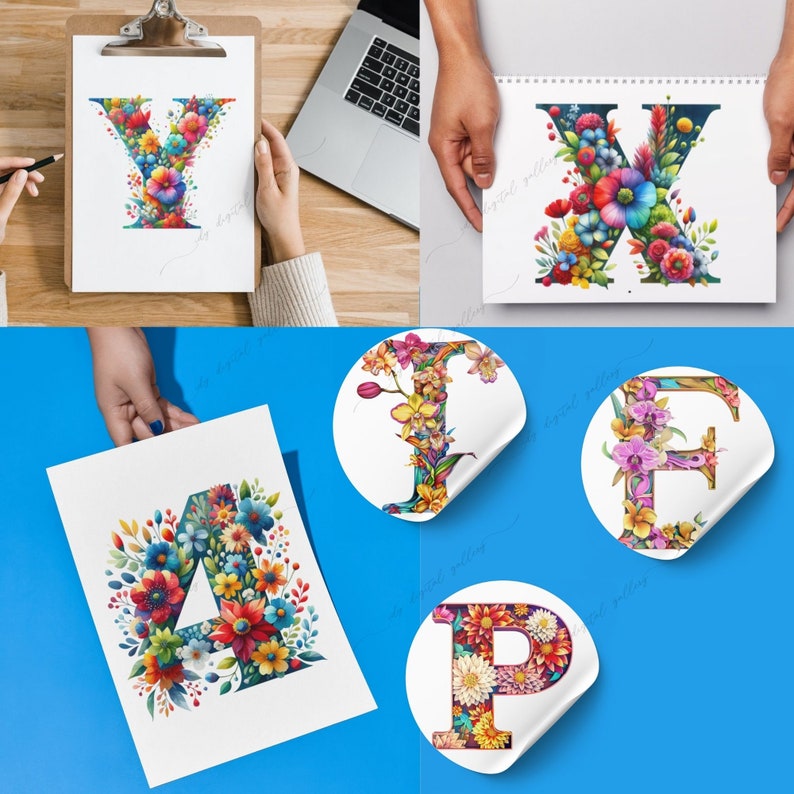May include: A set of five colorful floral alphabet stickers. The letters are A, Y, X, F, and P. Each letter is made of a variety of flowers and leaves in shades of pink, purple, yellow, blue, and green.
