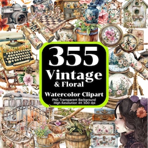 355 imágenes prediseñadas de acuarela vintage y floral, PNG floral vintage, PNG vintage, vintage de acuarela, alta resolución 4K, uso comercial