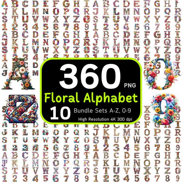 360 bloemenalfabetbundel, bloemenletters, bloemletters PNG, alfabet PNG, alfabetbundel, clipartbundel, 4K hoge resolutie, commercieel gebruik