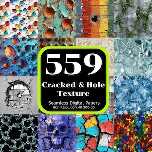 May include: A collection of 559 seamless digital papers featuring cracked and hole textures. The papers are high resolution, 4K, and 300 dpi. The images show a variety of textures, including cracked paint, wood, and ice.