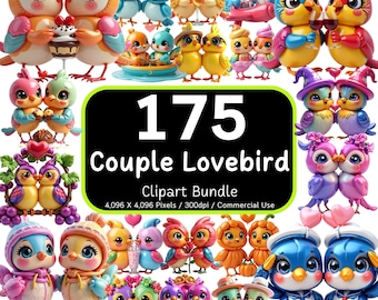 175 Couple Lovebird, 3D Clipart Bundle, Bird PNG, Kids Sublimation Designs, 300dpi (Commercial Use)