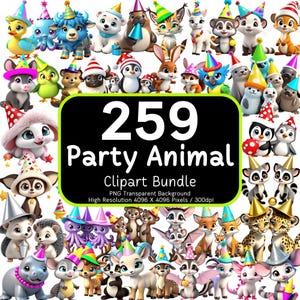 Bundle de cliparts animaux fête, 259 cliparts bébé animal, clipart fête d'enfants, fichiers PNG 3D, sublimation de motifs, Bundle PNG, usage Commercial