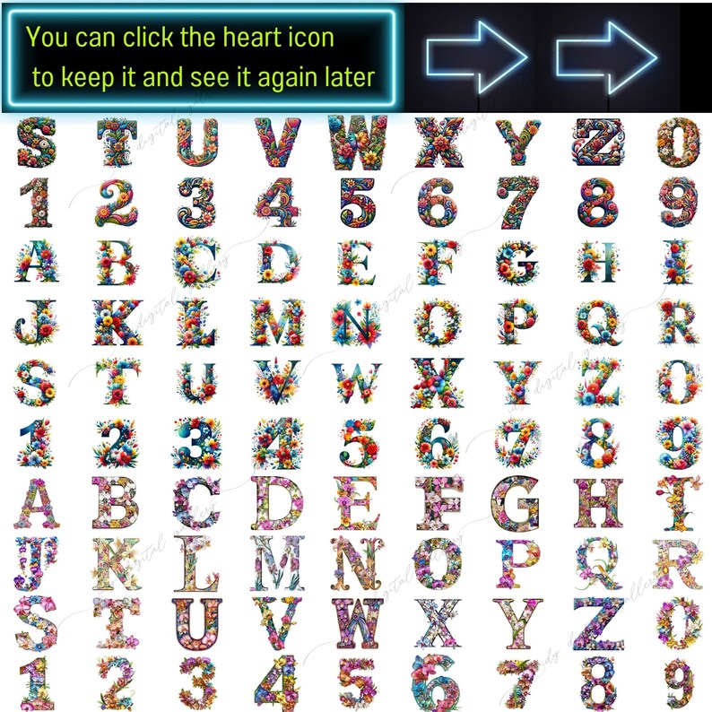 May include: A colorful alphabet and numbers with floral designs. Each letter and number is surrounded by a wreath of flowers and leaves in shades of pink, blue, yellow, and green.