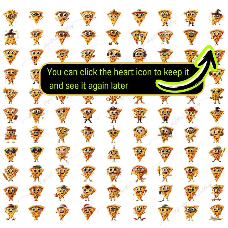 Op de afbeelding: Een raster met 64 afbeeldingen van een cartoon pizza-punt met verschillende uitdrukkingen en accessoires. Elk pizza-punt heeft een glimlachend gezicht en draagt een andere hoed, bril of ander accessoire. De tekst "You can click the heart icon to keep it and see it again later" is zichtbaar in het midden van de afbeelding.