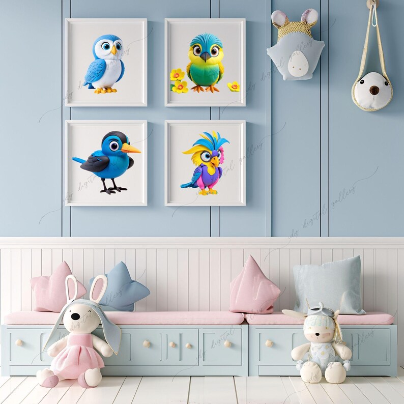 May include: Four framed prints of colorful cartoon birds on a light blue wall above a white wooden bench with pink and blue cushions. Two stuffed animals, a pink bunny and a blue bear, are sitting on the bench.