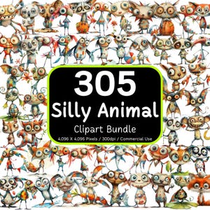Puede incluir: Una colección de 305 ilustraciones de imágenes prediseñadas de animales tontos y coloridos. La imagen presenta una variedad de criaturas de dibujos animados con diseños y expresiones únicas. El texto de la imagen dice "305 Silly Animal Clipart Bundle".