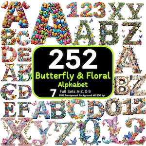 252 Pacote de alfabeto floral e borboleta, alfabeto de borboleta, bordado de alfabeto de flores, PNG de alfabeto, números de alfabeto, pacote de clipart, 4k
