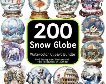 200 Snow Globe Clipart Bundle, Watercolor Snow Globe, Snow Globe PNG, Winter Scenes, Holiday Graphics, Printable Snow Globes, Clipart Bundle