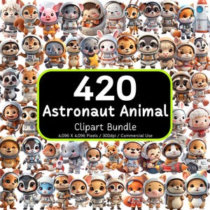 May include: A collection of cartoon astronaut animals, including a pig, squirrel, and raccoon, in various poses. The image features the text "420 Astronaut Animal Clipart Bundle" in a black and green rectangle. The clipart is for commercial use.