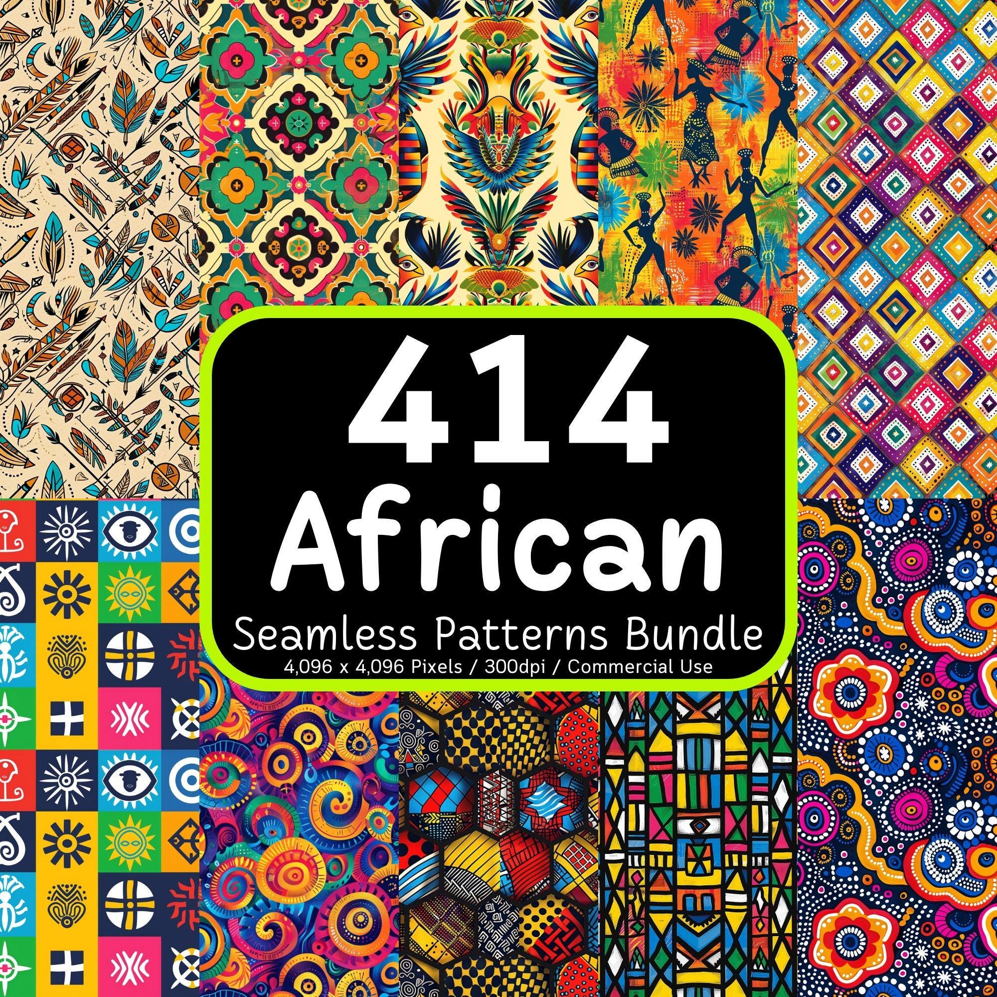 414 Afrikanische Nahtlose Muster Bundle – Boho, Tribal und Geometrische Hintergründe, Druckbare Scrapbook-Texturen, 300 DPI, Kommerzielle Nutzung