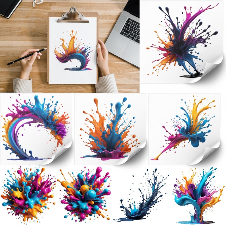 May include: A collection of colorful paint splatters in various shapes and sizes. The paint is blue, orange, pink, and purple. The splatters are isolated on a white background.