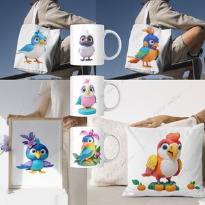 May include: A set of five items featuring colorful cartoon birds. The set includes a tote bag, a mug, a pillow, and two additional mugs. The birds are all different colors and have different expressions. The tote bag has a blue bird with a white belly, the first mug has a blue bird with a white head, the second mug has a pink bird with a white belly, the third mug has a green bird with a yellow belly, and the pillow has an orange bird with a yellow belly.