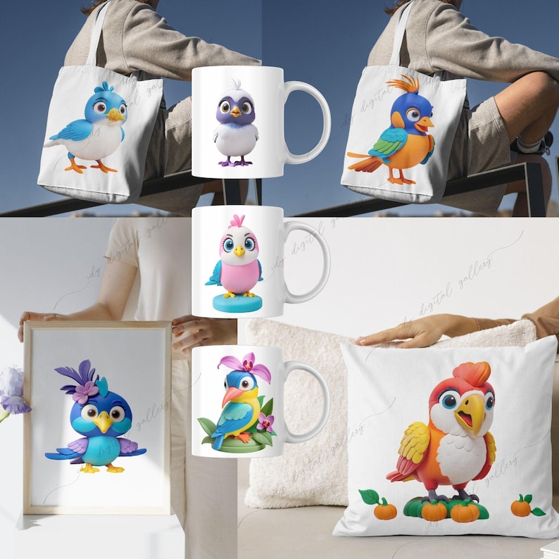 May include: A set of five items featuring colorful cartoon birds. The set includes a tote bag, a mug, a pillow, and two additional mugs. The birds are all different colors and have different expressions. The tote bag has a blue bird with a white belly, the first mug has a blue bird with a white head, the second mug has a pink bird with a white belly, the third mug has a green bird with a yellow belly, and the pillow has an orange bird with a yellow belly.