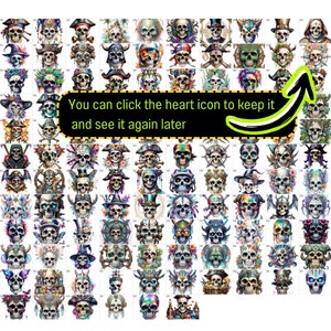 May include: A digital collage of 100 colorful skull illustrations. Each skull is unique and features different designs, patterns, and colors. The skulls are arranged in a grid pattern.