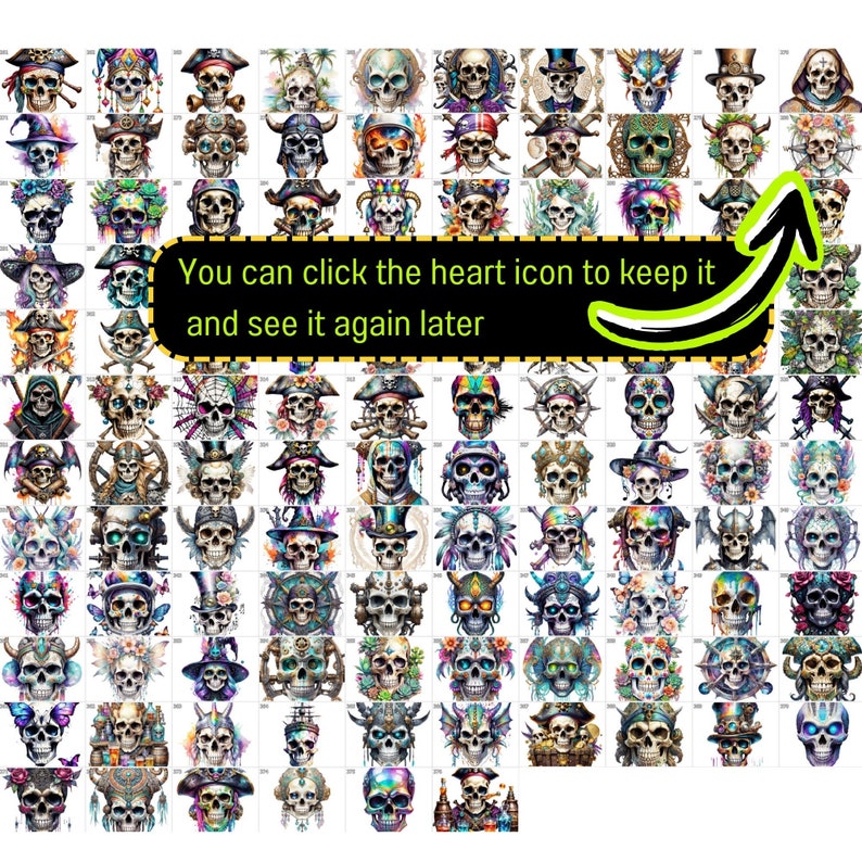 May include: A digital collage of 100 colorful skull illustrations. Each skull is unique and features different designs, patterns, and colors. The skulls are arranged in a grid pattern.