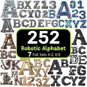 Bundle 252 alphabet robotique, lettres et chiffres mécaniques, alphabet de Style robot, alphabet PNG, typographie numérique, lot de cliparts