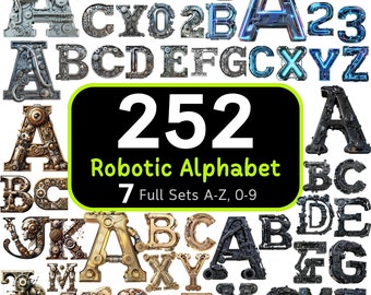 252 Robotic Alphabet Bundle, Mechanical Letters and Numbers, Robot Style Alphabet, PNG Alphabet, Digital Typography, ClipArt Bundle